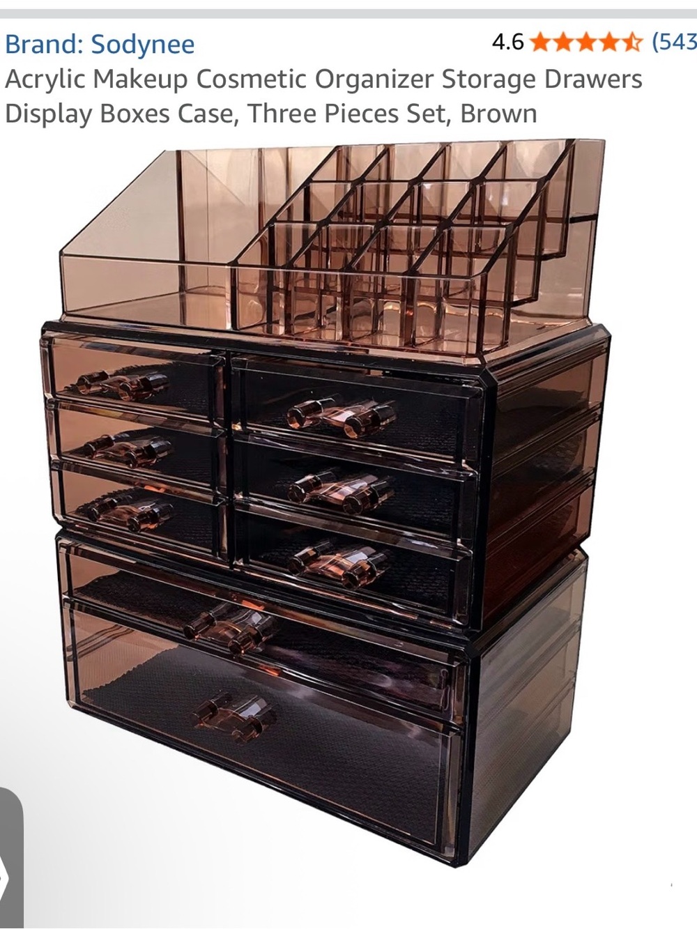 Three Piece Set Acrylic Cosmetic Organizer Storage Drawers - Brown